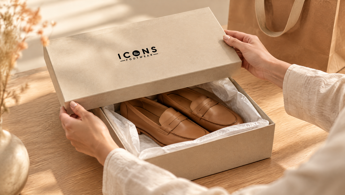 Hands lifting the lid of an Icons Footwear shoe box revealing tissue paper